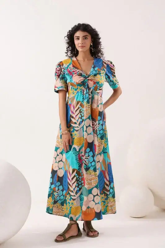 Tropical Mosaic Blue Cotton Dress