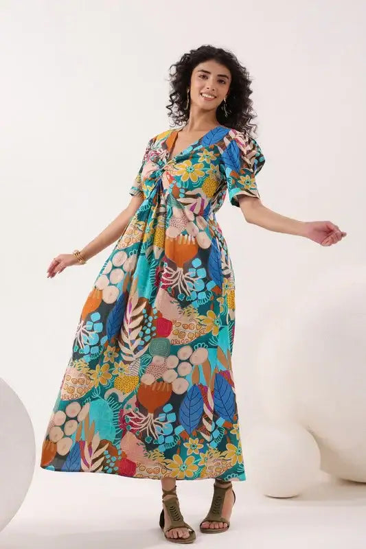 Tropical Mosaic Blue Cotton Dress