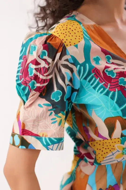 Tropical Mosaic Blue Cotton Dress