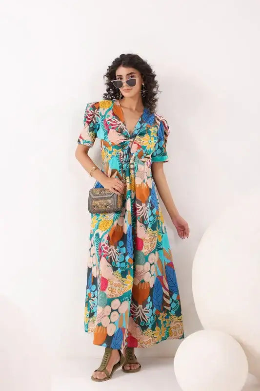 Tropical Mosaic Blue Cotton Dress