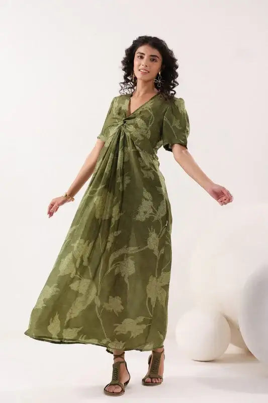 Olive Green Floral Cotton Gathered Dress