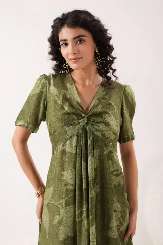 Olive Green Floral Cotton Gathered Dress