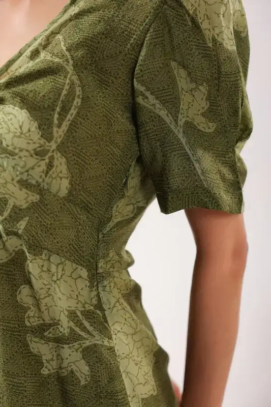 Olive Green Floral Cotton Gathered Dress