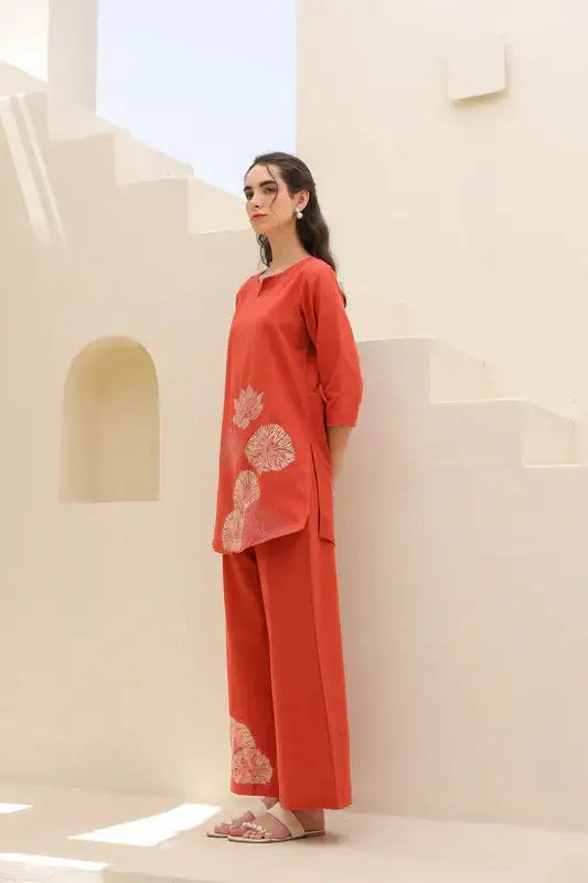 Tangerine Embroidery Cotton Flex Co-ord Set