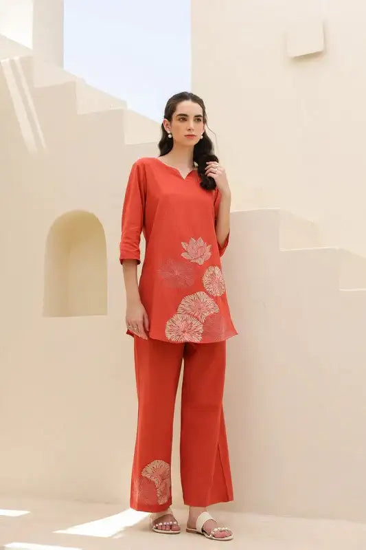 Tangerine Embroidery Cotton Flex Co-ord Set
