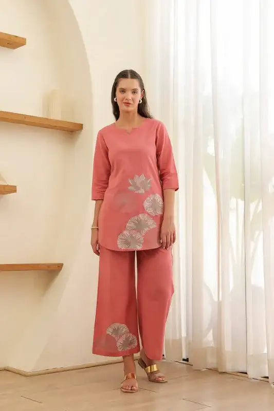 Flamingo Pink Embroidered Cotton Flex Co-ord Set