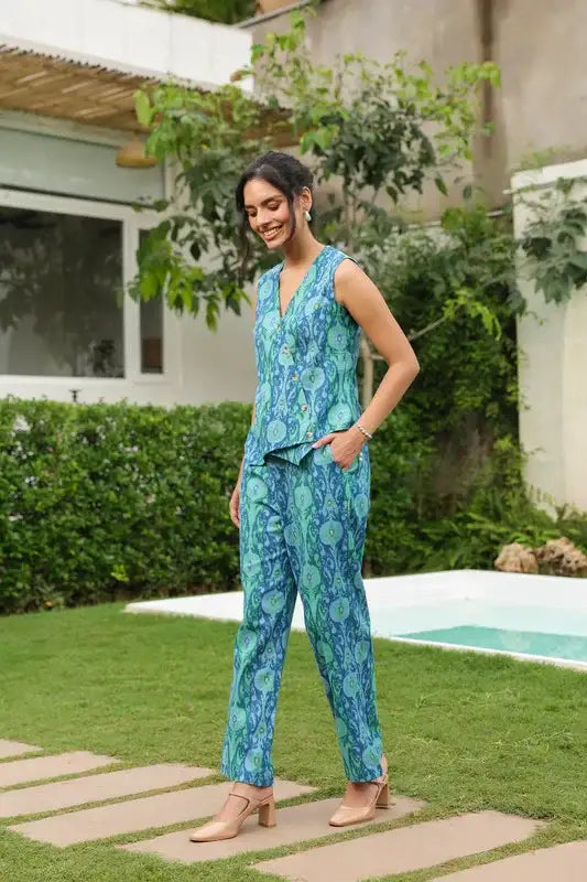 Ikat Symphony Blue-Green Sleeveless Cotton Flex Co-ord Set