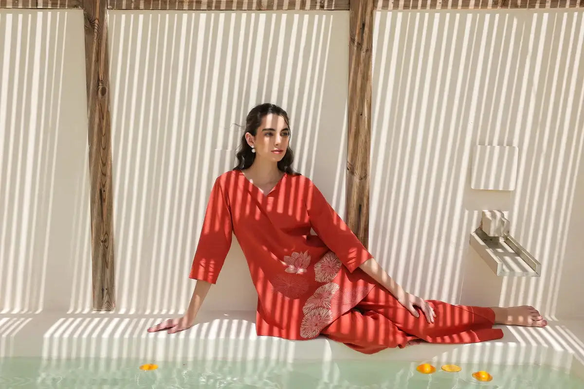 Tangerine Embroidery Cotton Flex Co-ord Set