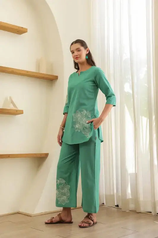 Aqua Embroidery Cotton Flex Co-ord Set
