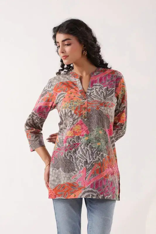 Heritage Hues Printed Grey Cotton Top