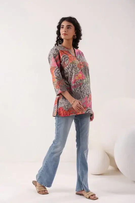 Heritage Hues Printed Grey Cotton Top