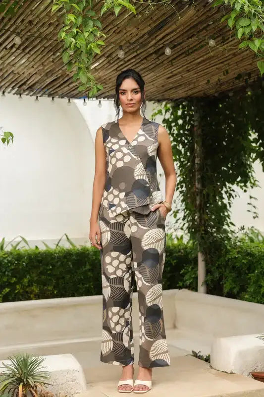 Brown Polka Dot Sleeveless Cotton Flex Co-ord Set