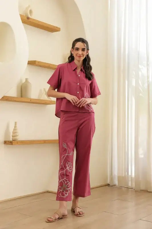 Coral Pink Embroidery Cotton Co-ord Set