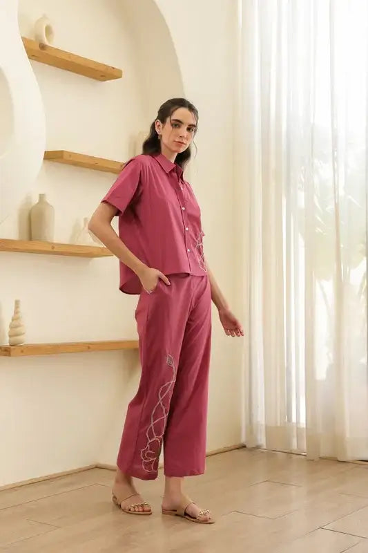 Coral Pink Embroidery Cotton Co-ord Set