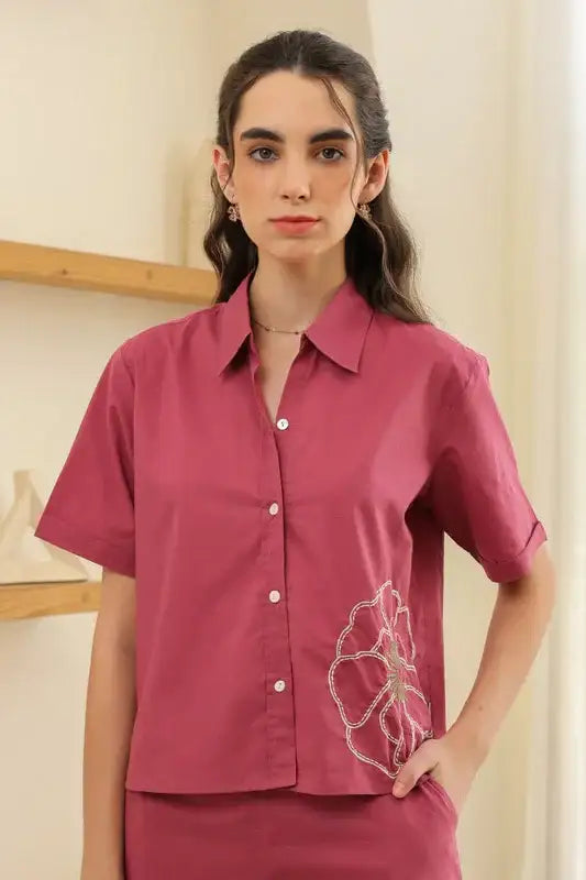 Coral Pink Embroidery Cotton Co-ord Set