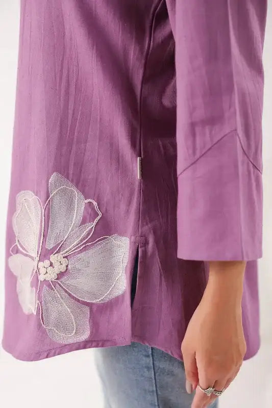 Blossom Breeze Cotton Flex Purple Embroidered Top