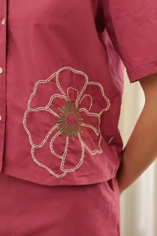 Coral Pink Embroidery Cotton Co-ord Set