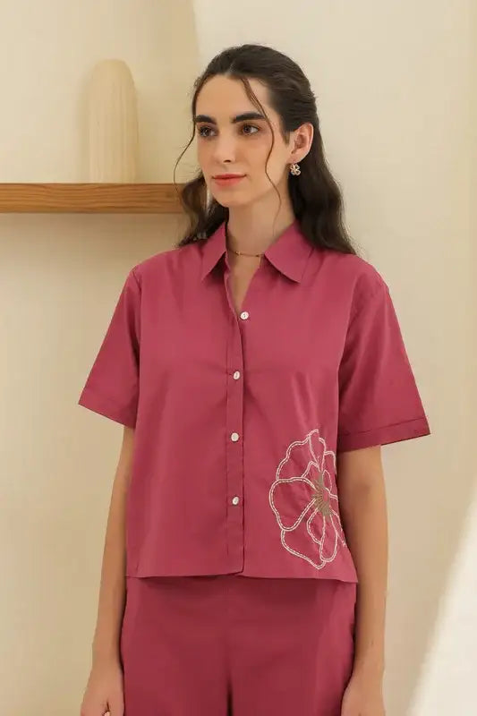 Coral Pink Embroidery Cotton Co-ord Set