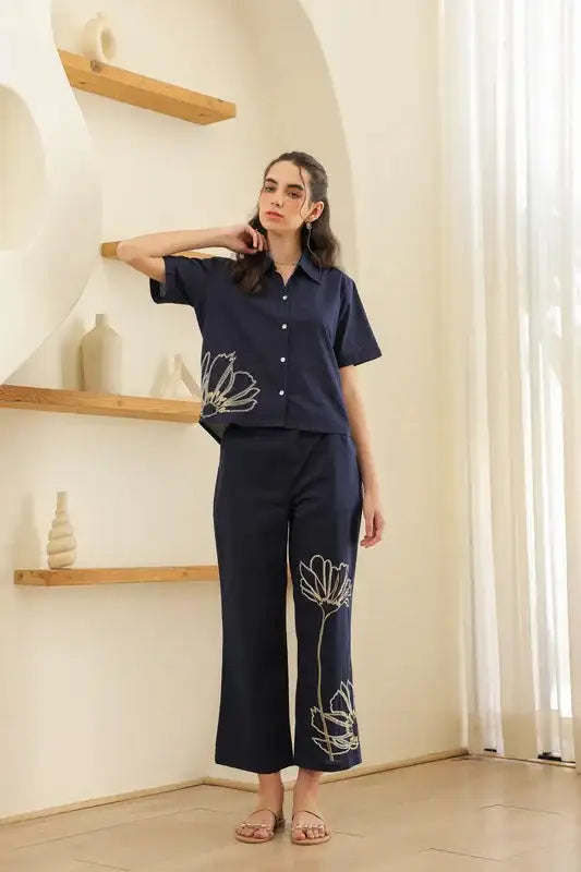 Night Blue Embroidery Cotton Co-ord Set