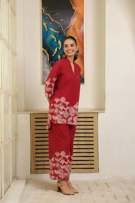 Red Floral Border Printed Cotton Co-ord Set