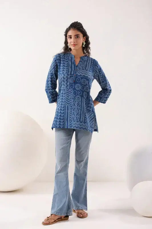 Tribal Echo Printed Blue Cotton Top