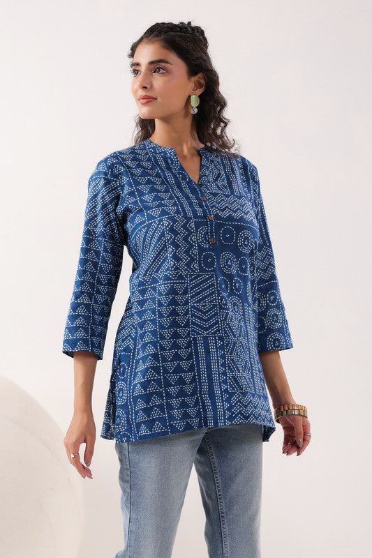 Tribal Echo Printed Blue Cotton Top