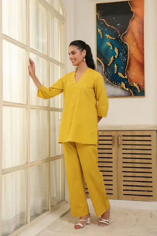 Solid Yellow Cotton Co-ord Set