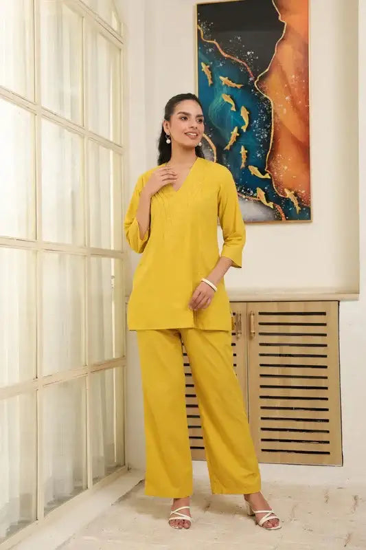 Solid Yellow Cotton Co-ord Set