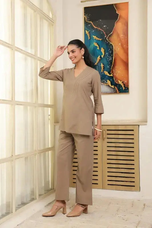 Solid Grey Taupe Cotton Co-ord Set