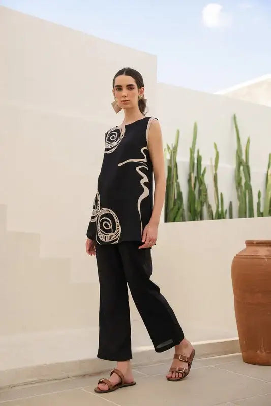 Charcoal Black Abstract Russian Slik Co-ord Set