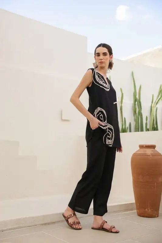 Charcoal Black Abstract Russian Slik Co-ord Set