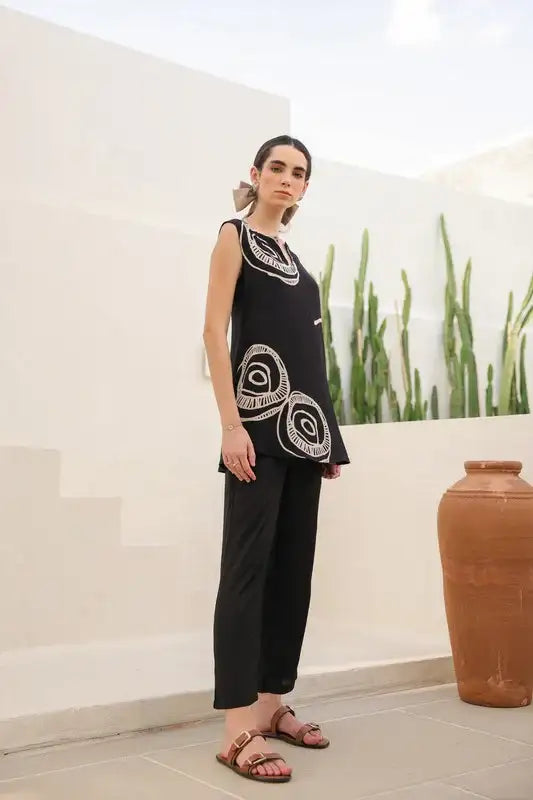 Charcoal Black Abstract Russian Slik Co-ord Set
