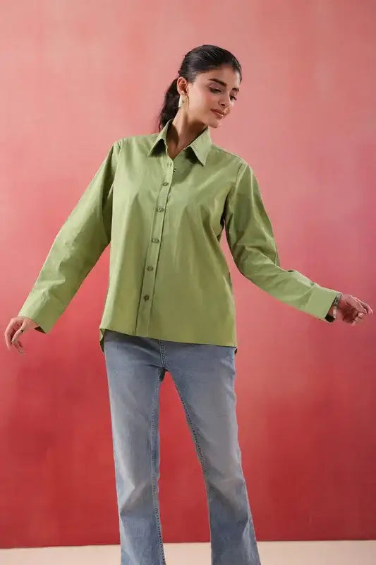 Pastel Meadow Long Sleeve Green Poplin Shirt