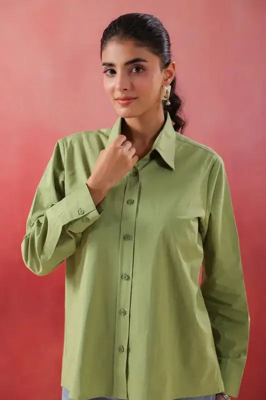 Pastel Meadow Long Sleeve Green Poplin Shirt