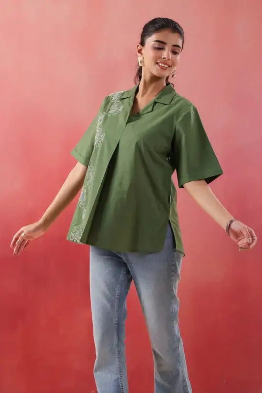 Abstract Swirl Collared Cotton Green Top