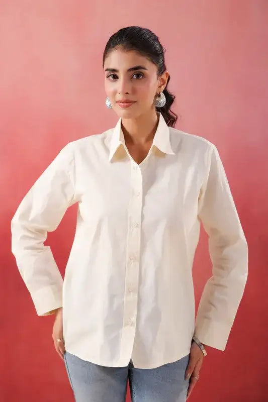 Ivory Glow Collared Off- White Poplin Shirt