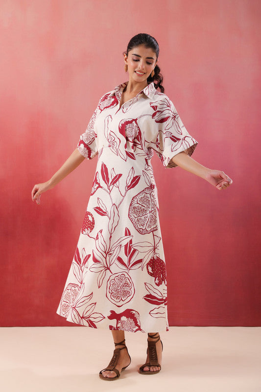Ivory Pomegranate Printed Maroon Cotton Flex Dress