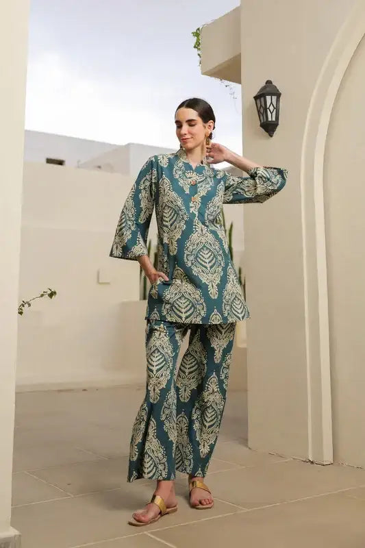 Teal Blossom Cotton Co-ord Set