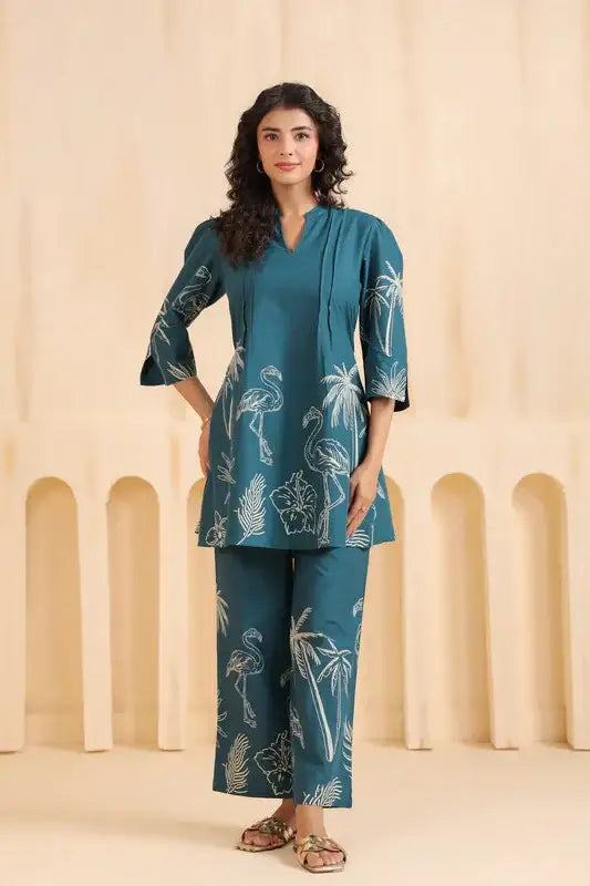 Teal Flamingo Cotton Co-ord Set