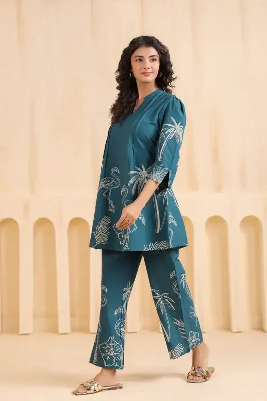 Teal Flamingo Cotton Co-ord Set