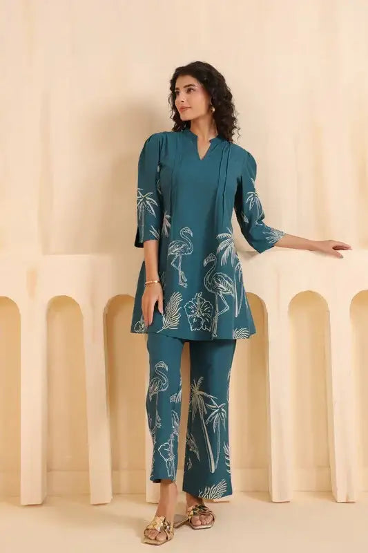 Teal Flamingo Cotton Co-ord Set