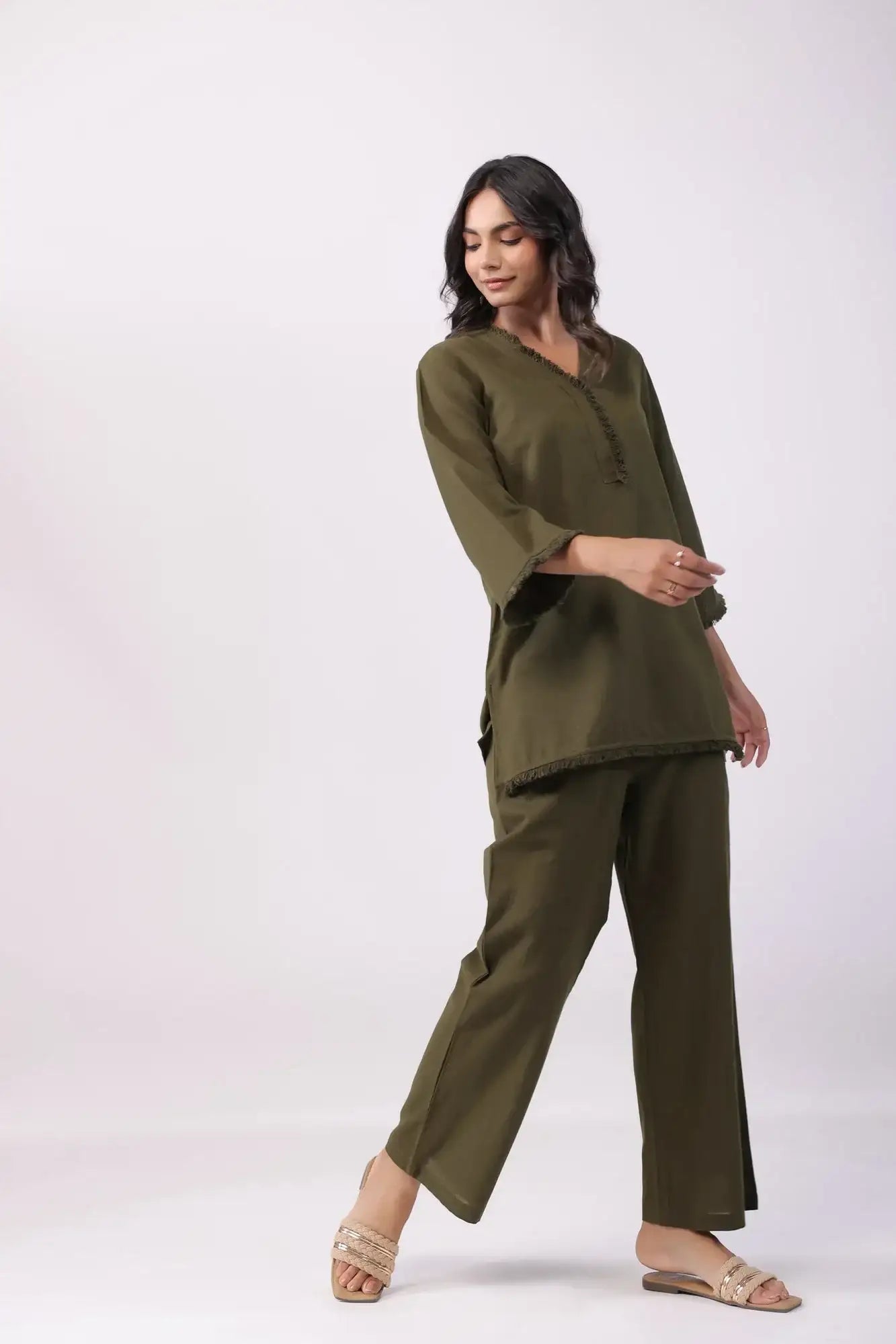 Olive Charm Green Cotton Flex Co-ord Set