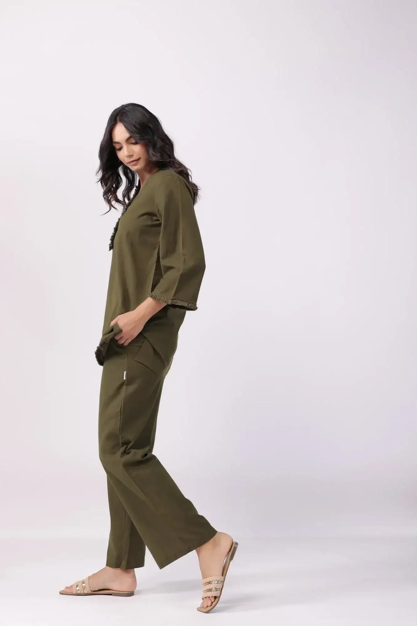 Olive Charm Green Cotton Flex Co-ord Set