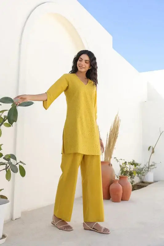 Yellow Sunflower Bliss Schiffli Cotton Co-ord Set