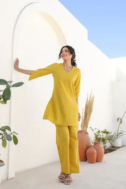 Yellow Sunflower Bliss Schiffli Cotton Co-ord Set