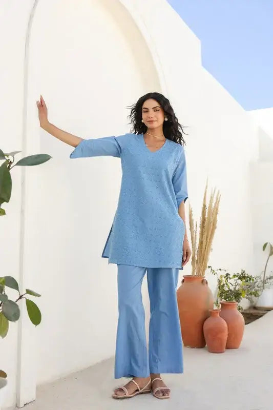 Powder Blue Bliss Schiffli Cotton Co-ord Set