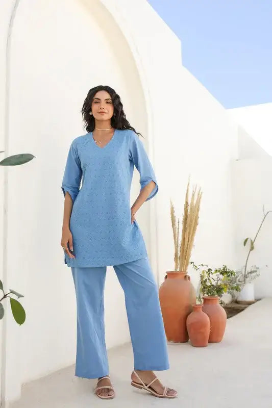 Powder Blue Bliss Schiffli Cotton Co-ord Set