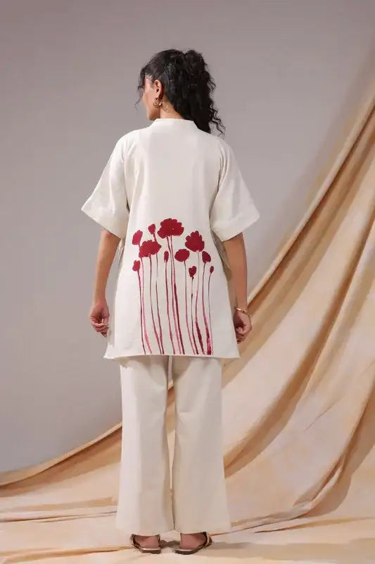 Off-White And Red Floral Print Tunic Cotton Flex Co-ord Set