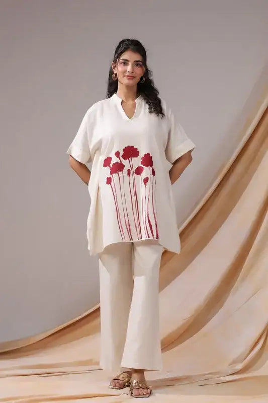 Off-White And Red Floral Print Tunic Cotton Flex Co-ord Set
