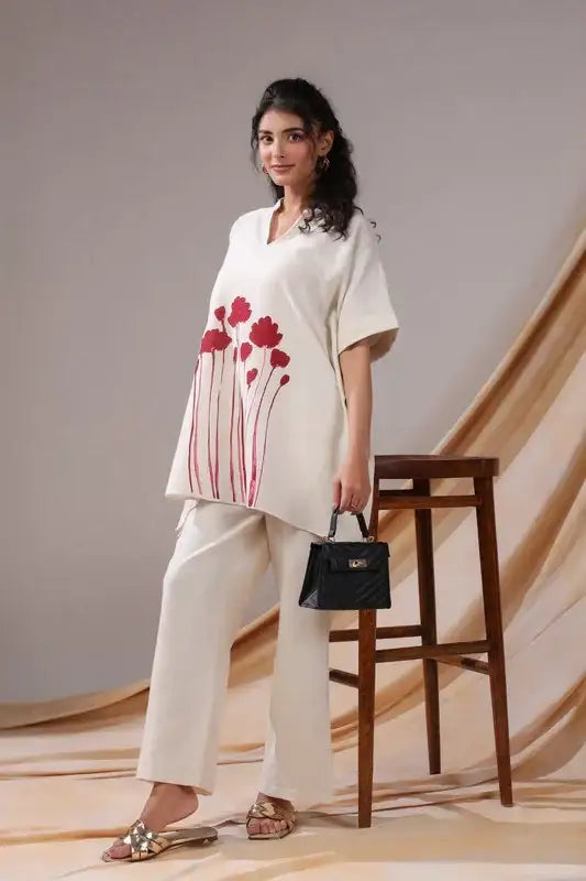 Off-White And Red Floral Print Tunic Cotton Flex Co-ord Set